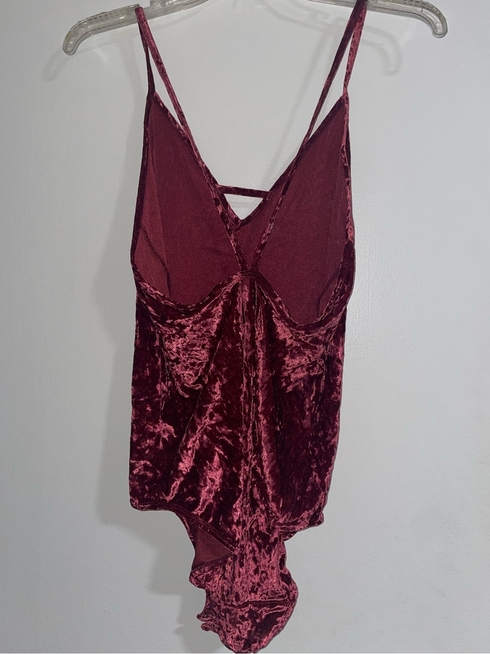 flirtitude Velvet Satin Strappy V-Neck Bodysuit in Wine - Picture 2 of 2